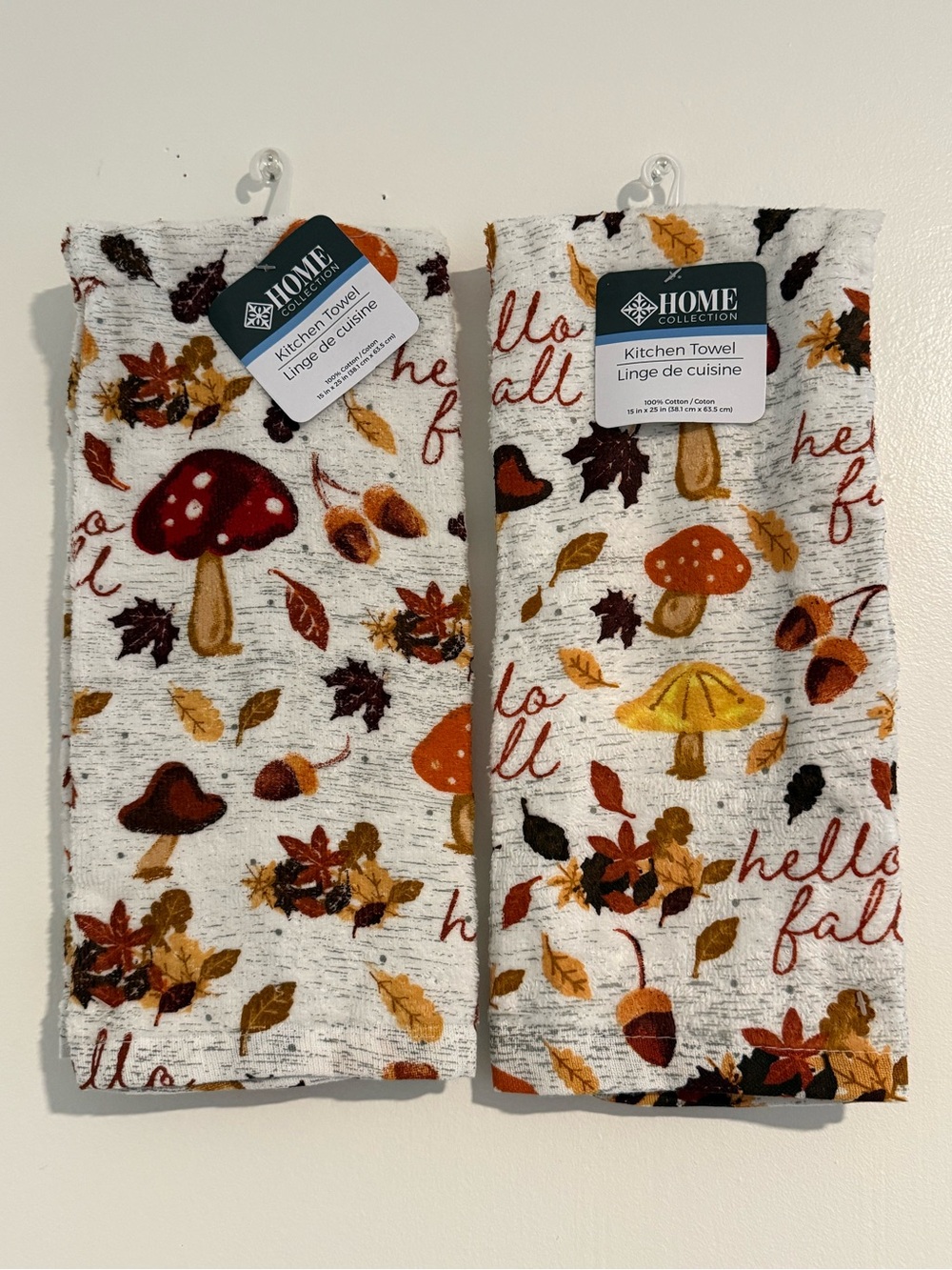 NWT Set of 2 Home Collection Fall Kitchen Towels Hello Autumn Mushrooms Leaves